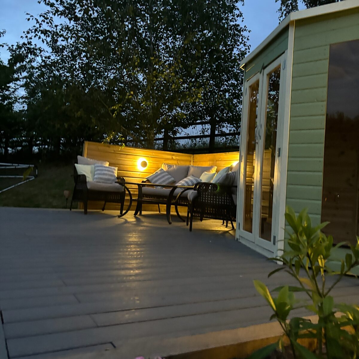 Deck seating with feature lighting at night
